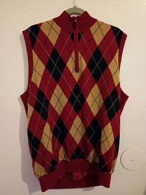 Fairway & Greene Maroon Tan and Navy  Argyle  Quarter‎ Zip  Sweater Vest Sz XL